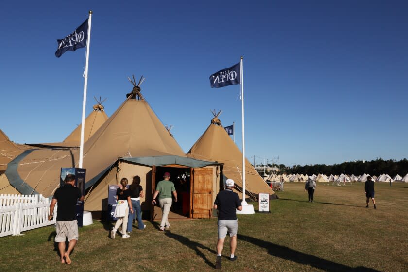 A general view of the FootJoy Camping Village at The 150th Open on July 12 at St Andrews Old Course.