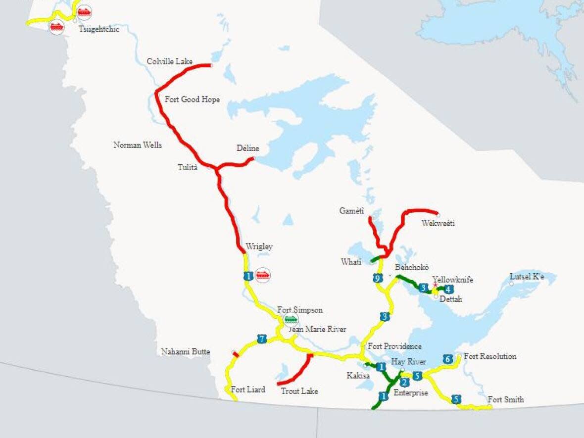 A map of road conditions in the N.W.T. as of May 19. (GNWT - image credit)