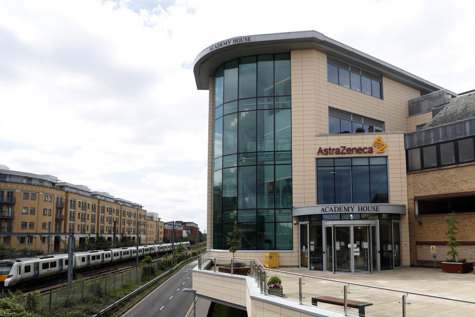 FILE - This July 18, 2020, file photo shows the AstraZeneca offices and the corporate logo in Cambridge, England. New results released Tuesday, Dec. 8, on a possible COVID-19 vaccine from Oxford University and drugmaker AstraZeneca suggest it is safe and about 70% effective. (AP Photo/Alastair Grant, File)