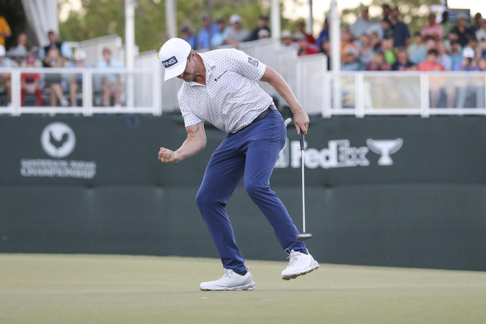 Mackenzie Hughes, of Canada, reacts after winning the Sanderson Farms Championship golf tournament in Jackson, Miss., Sunday, Oct. 2, 2022. (James Pugh/impact601.com via AP)