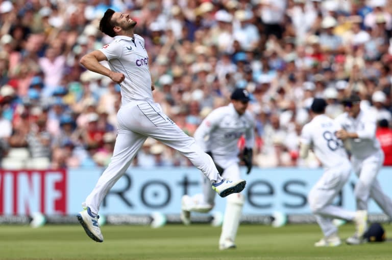 Five alive: England's Mark Wood celebrates his dismissal of West Indies' Shamar Joseph that secured the fast bowler's return of 5-40 during a 10-wicket win in the third Test at Edgbaston (Darren Staples)