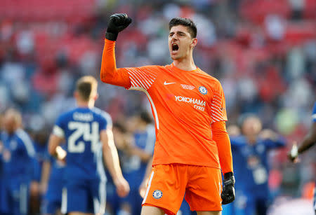 Soccer Football - FA Cup Final - Chelsea vs Manchester United - Wembley Stadium, London, Britain - May 19, 2018 Chelsea's Thibaut Courtois celebrates winning the final REUTERS/David Klein