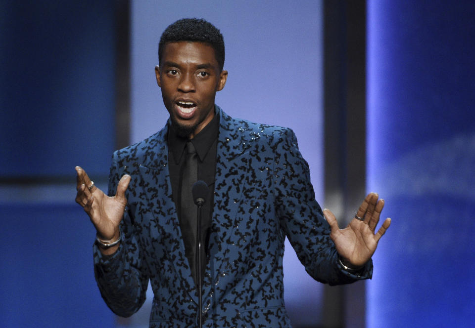 FILE - In this Thursday, June 6, 2019 file photo, Actor Chadwick Boseman addresses the audience during the 47th AFI Life Achievement Award ceremony honoring actor Denzel Washington at the Dolby Theatre in Los Angeles. Actor Chadwick Boseman, who played Black icons Jackie Robinson and James Brown before finding fame as the regal Black Panther in the Marvel cinematic universe, has died of cancer. His representative says Boseman died Friday, Aug. 28, 2020 in Los Angeles after a four-year battle with colon cancer. He was 43. (Photo by Chris Pizzello/Invision/AP, File)