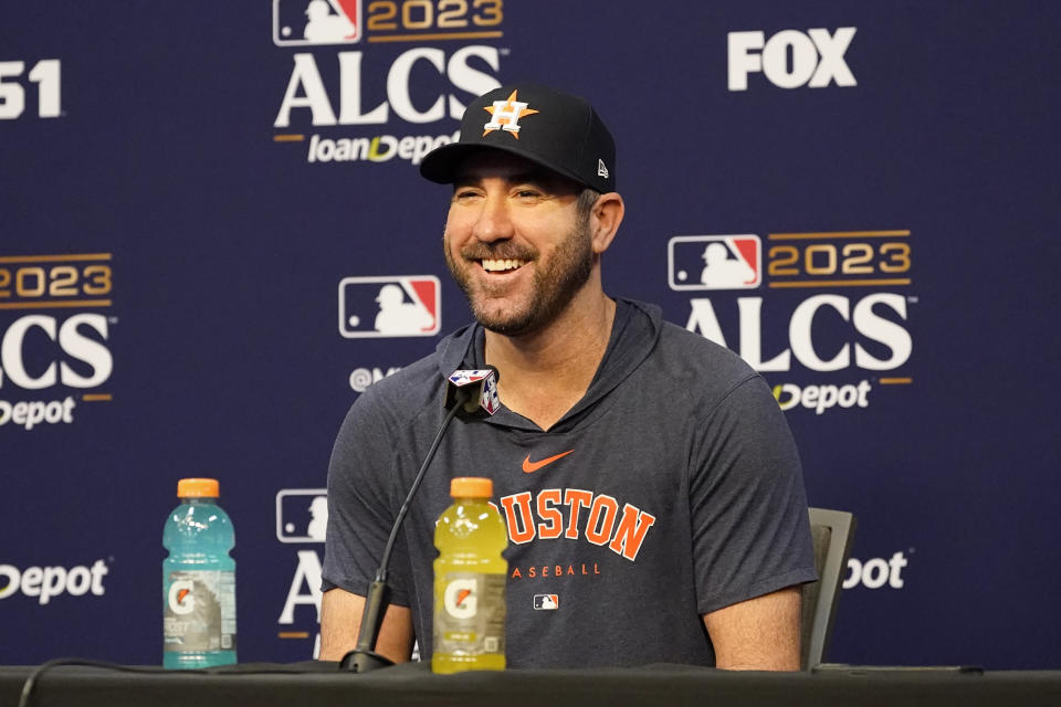 Houston Astros starting pitcher Justin Verlander responds to questions during a news conference before a baseball practice in Houston, Saturday, Oct. 14, 2023. The Astros are scheduled to play the Texas Rangers in Game 1 of MLB's American League Championship Series on Sunday. (AP Photo/Tony Gutierrez)