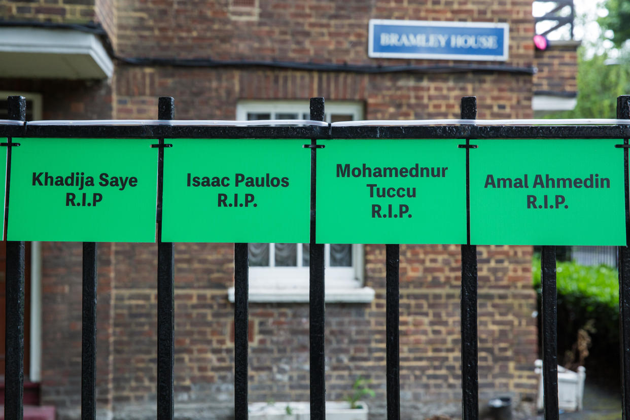 Signs bearing the names of those who died in the Grenfell Tower fie. (PA)