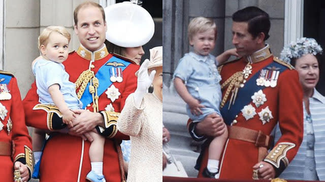 Like father, like son! Prince George made his Buckingham Palace balcony debut on Saturday, and he did it in a very special way -- the 22-month-old wore the exact outfit his dad Prince William wore when <em>he</em> made his balcony debut in 1984. <strong>PHOTOS: Prince George & Princess Charlotte's Adorable First Pics </strong> The timeless blue romper sported by both princes features off-white frill at the neckline and sleeves plus jaunty gold buttons. Prince George's first appearance on the balcony wearing the same outfit his father wore at HM's Birthday Parade 1984 pic.twitter.com/ffhrDleGmT— Kensington Palace (@KensingtonRoyal) June 13, 2015 The royal family were all together to celebrate the Trooping the Colour ceremony, an annual national military parade that celebrates Her Majesty's birthday. Prince George completely stole the show from both his grandmother -- Queen Elizabeth is celebrating her 89th birthday -- and his parents when he gave a precious wave to the adoring crowd. Splash News <strong>WATCH: Prince William & Kate Middleton Debut Baby Girl </strong> The parade also marked Kate Middleton's first public appearance since giving birth to Princess Charlotte on May 2. Mom even complemented her son in a floral-print baby blue-and-white Catherine Walker coat-dress. Splash News Even though it was a major day in Britain, Prince George didn't seem a bit overwhelmed by all of the spectacle and attention. He really is taking after his royal parents!