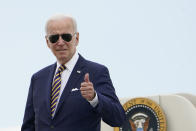 President Joe Biden gives a thumbs up as he boards Air Force One at Andrews Air Force Base, Md., Wednesday, Aug. 10, 2022. Biden is traveling to Kiawah Island, S.C., for vacation. (AP Photo/Manuel Balce Ceneta)