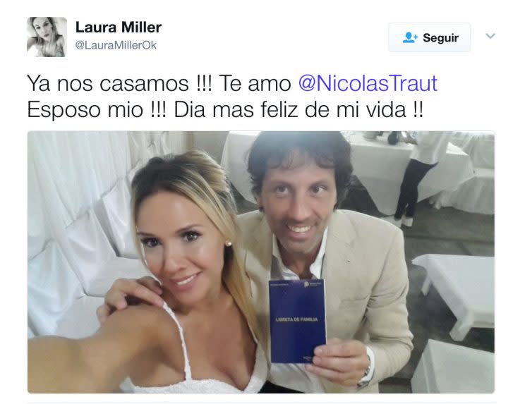 Así anunciaba Laura Miller su casamiento con Traut. Foto: captura Twitter.com/LauraMillerOk