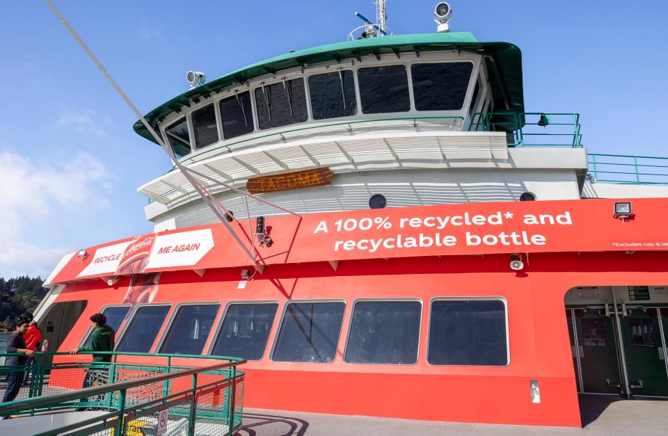 A close-up view of new Coca-Cola advertising that has been added to the Washington State Ferries vessel Tacoma in recent days.