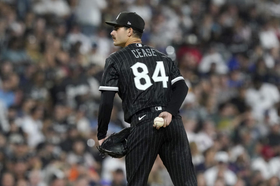 Chicago White Sox starter Dylan Cease waits to pitch during the second inning of the team's baseball game against the Houston Astros on Tuesday, Aug. 16, 2022, in Chicago. (AP Photo/Charles Rex Arbogast)