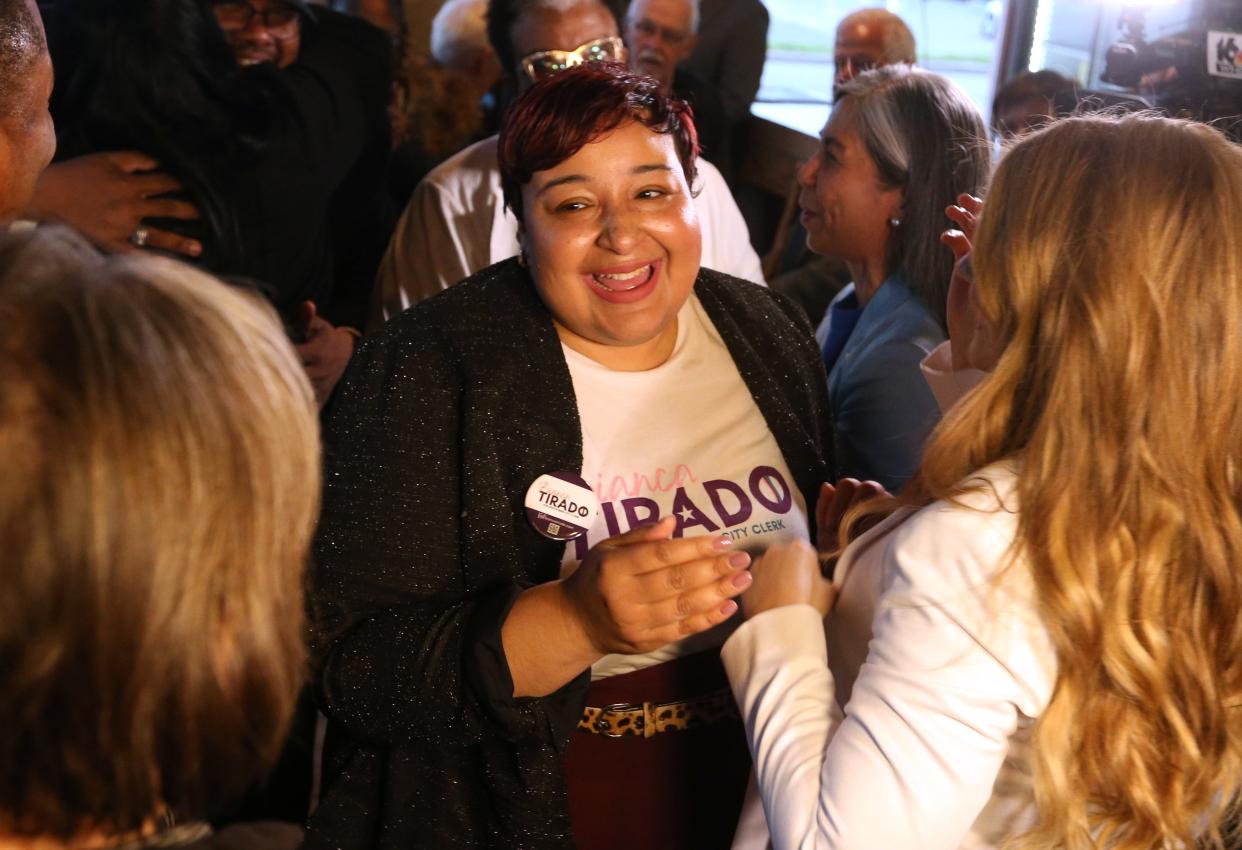 Bianca Tirado is greeted Tuesday, May 2, 2023, at Corby’s in South Bend for the 2023 primary election. Tirado defeated incumbent Dawn Jones to take the Democratic nomination for city clerk.