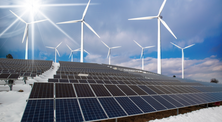 Solar panels and wind turbines are part of Kensho Clean Power ETF (CRGN) clean energy holdings