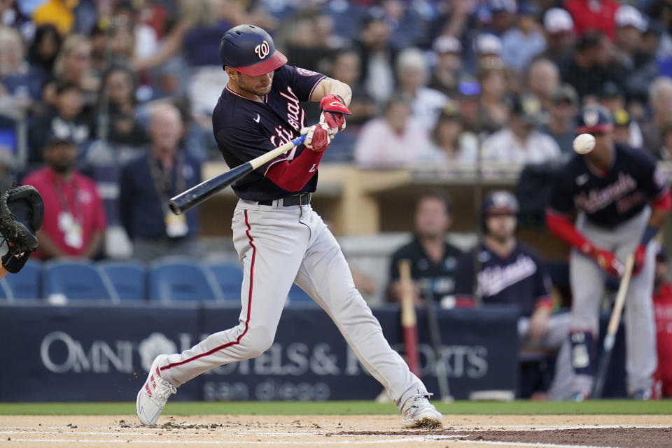 Washington Nationals' Trea Turner hits a home run during the first inning of a baseball game against the San Diego Padres, Monday, July 5, 2021, in San Diego. (AP Photo/Gregory Bull)