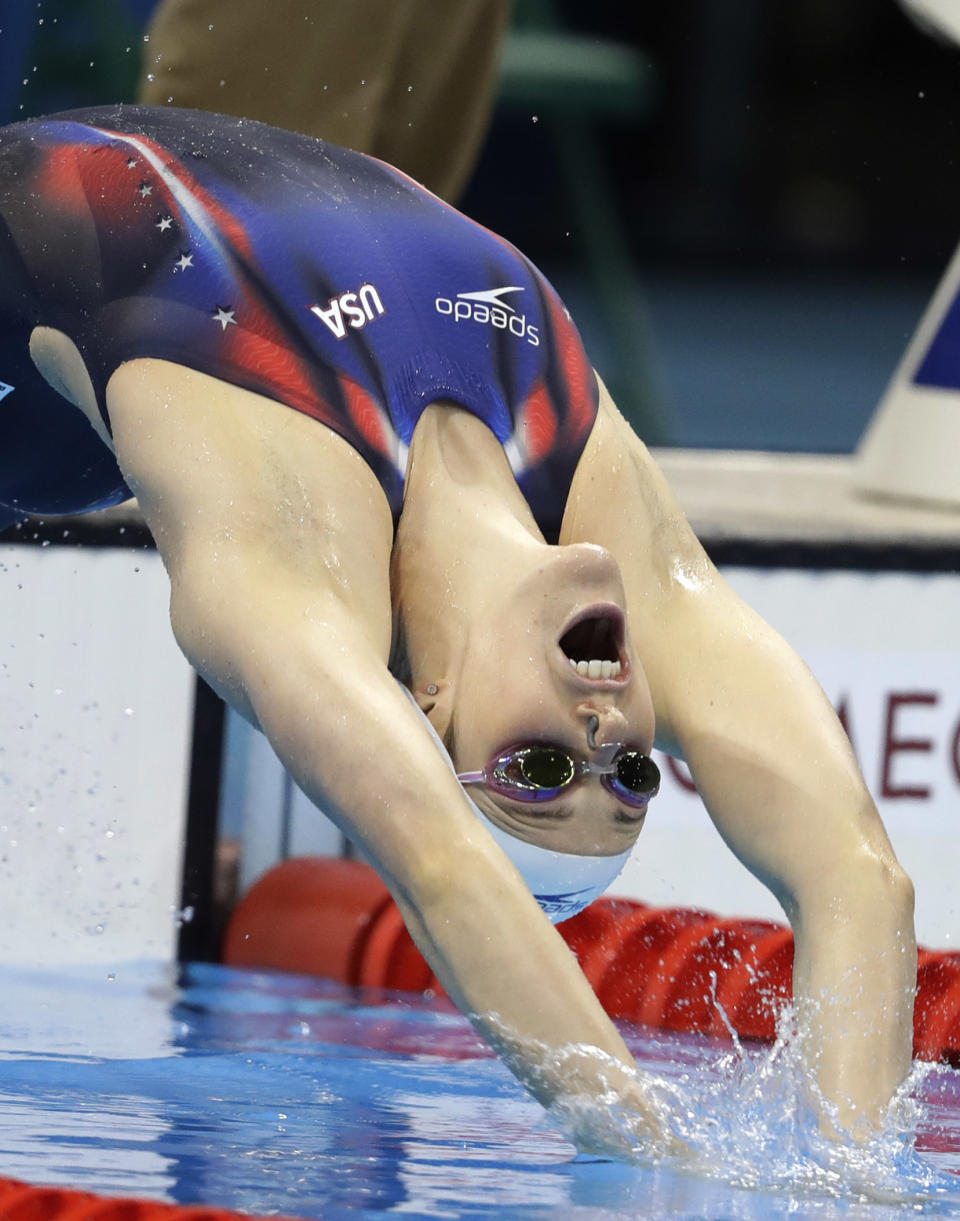 FILE - In this Aug. 11, 2016, file photo, Missy Franklin starts a women's 100-meter backstroke heat during the swimming competitions at the 2016 Summer Olympics, in Rio de Janeiro, Brazil. At two years to the day the Tokyo Olympics open, Katie Ledecky is swimming as fast as ever, Caeleb Dressel is being heralded as a potential Phelps, and Missy Franklin is attempting a comeback. And Ryan Lochte is newly banned again. (AP Photo/Michael Sohn, File)