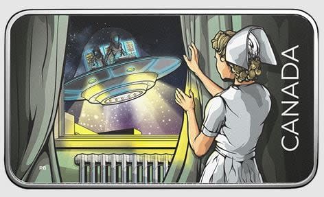 The Royal Canadian Mint's new collectible coin depicts a nurse's claimed sighting of a saucer-shaped craft above a hospital in Duncan, B.C., in 1970. (Royal Canadian Mint  - image credit)