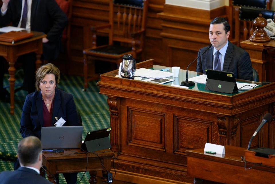 Former deputy attorney general for legal counsel Ryan Vassar answers questions during cross examination at the start of the fourth day in suspended Attorney General Ken Paxton’s impeachment trial Friday, Sept. 8, 2023 in Austin.