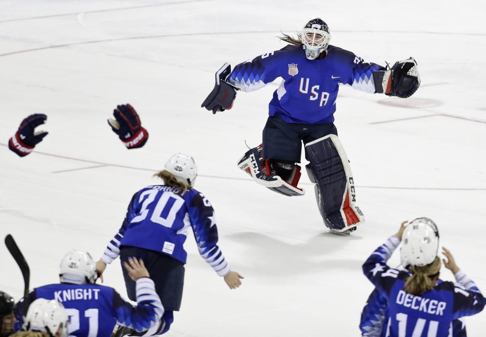 <p>Goalie Madeline Rooney of the U.S. celebrates after making the final save in the shootout. REUTERS/David W Cerny </p>