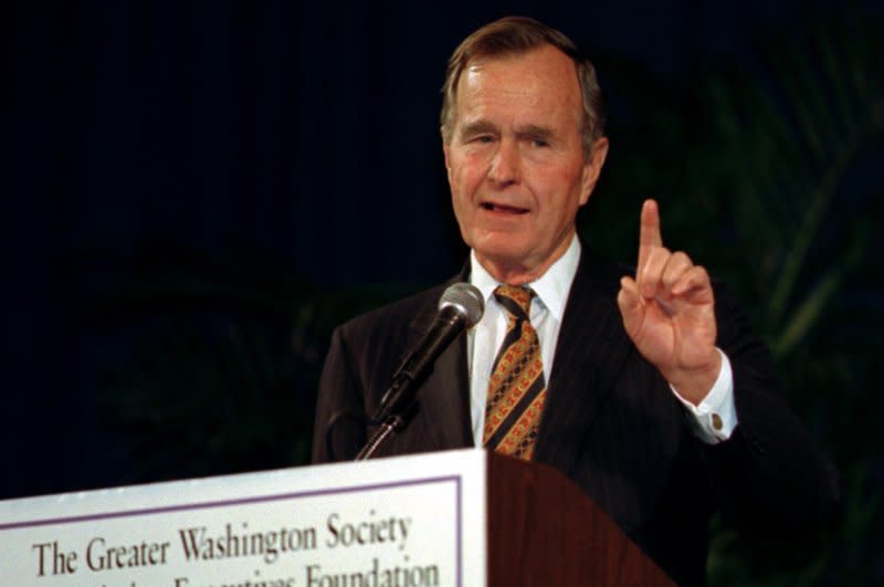 Former President George H.W. Bush discusses his 50-year partnership with wife Barbara Bush during an appearance January 22, 1996, at the Kennedy Center in Washington, D.C. On February 27, 1991, the president ordered a halt to the allied military offensive against Iraqi military forces. UPI File Photo