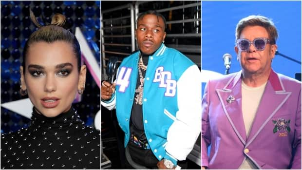 Dua Lipa, left, and Elton John, right, have condemned DaBaby, centre, for homophobic comments the rapper made during his performance at the Rolling Loud music festival in Florida over the weekend.  (John Phillips/Getty Images, Paras Griffin/Getty Images, Tim P. Whitby/Getty Images - image credit)