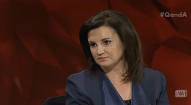 Senator Jacqui Lambie said women who accepted only the 'good bits' of Sharia law may as well say 'I only want to be a little bit pregnant'. Picture: Q&A/ABC
