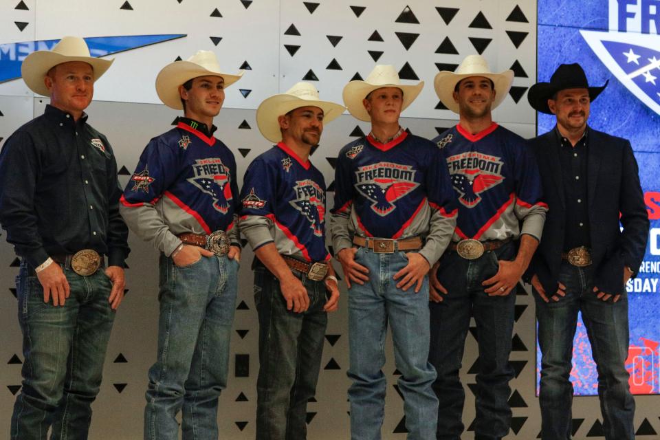 The Oklahoma Freedom, Oklahoma's first-ever Professional Bull Riding Team, pose for a picture after the press conference at Paycom Center in Oklahoma City, Okla. on Wednesday, June, 15, 2022.