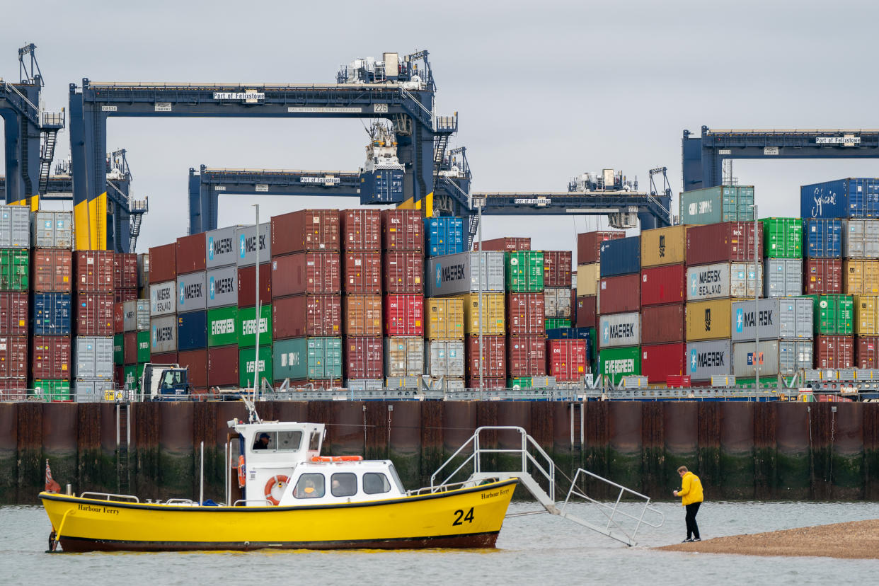 Thousands of shipping containers at the Port of Felixstowe in Suffolk, as shipping giant Maersk has said it is diverting vessels away from UK ports to unload elsewhere in Europe because of a build-up of cargo. Picture date: Wednesday October 13, 2021. (Photo by Joe Giddens/PA Images via Getty Images)