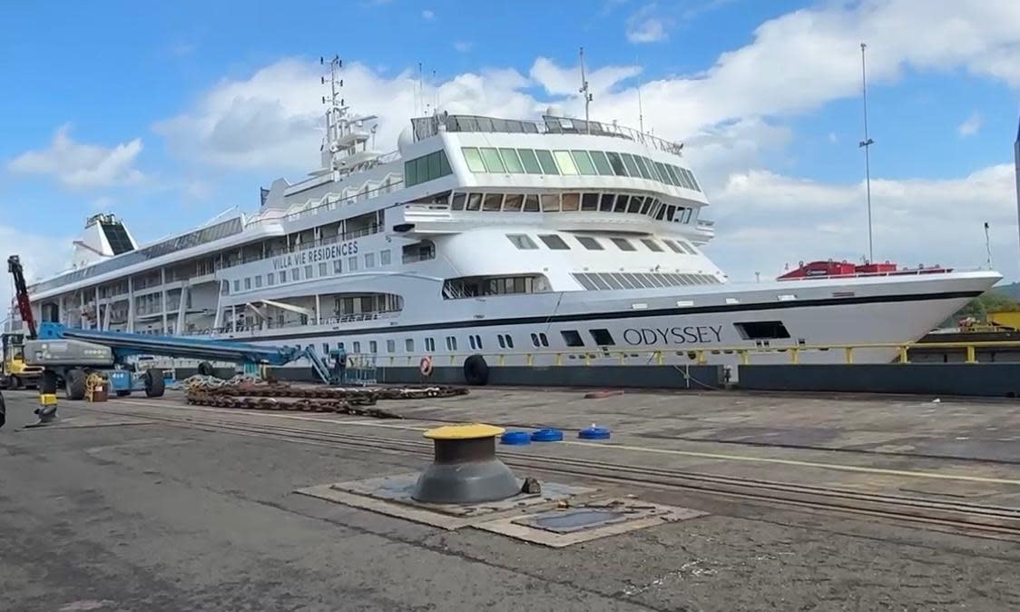 <span>The Odyssey was meant to depart from Queen’s Island, Belfast, on 30 May but is still there.</span><span>Photograph: Lanette Canen/Johan Bodin/SWNS</span>