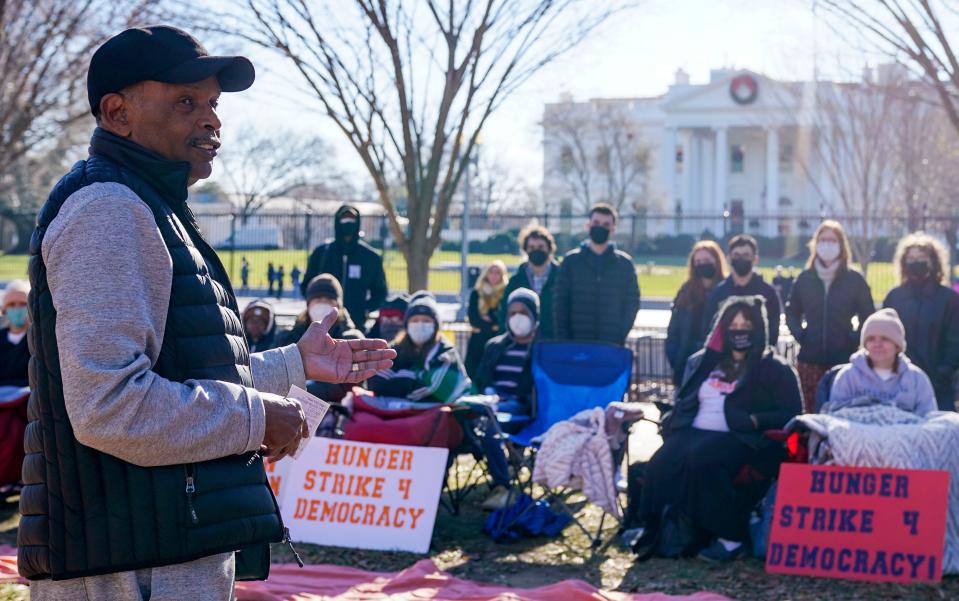 Joe Madison, a talk show host and civil rights activist, spoke Dec. 13, 2022 to group of mostly students who were on a hunger strike and protesting at a park in front of the White House. The group wanted President Joe Biden to prioritize the push for voting rights legislation.