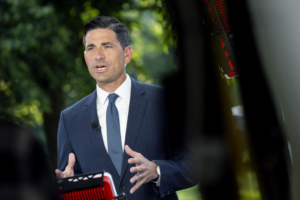 Chad Wolf, acting secretary of the Department of Homeland Security (DHS), speaks during a television interview outside the White House in Washington, D.C., U.S., on Tuesday, June 23, 2020. (Stefani Reynolds/CNP/Bloomberg via Getty Images)