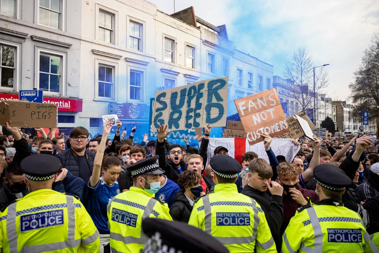 <p>The protest outside Stamford Bridge were an example of fan power in action</p> (Getty)