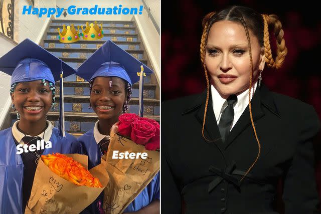 <p>madonna/instagram; getty</p> Madonna's twins Stella and Estere at their graduation