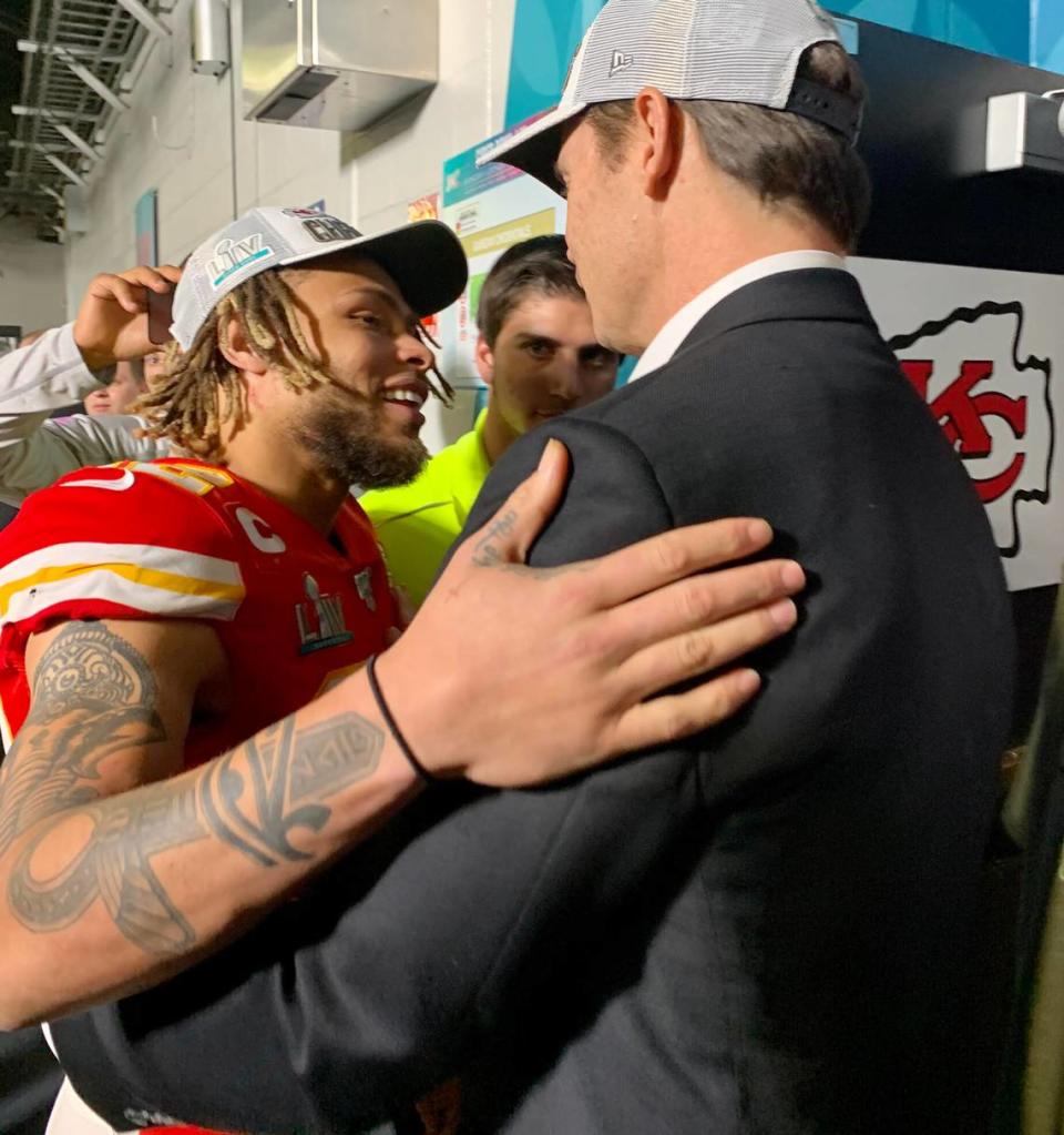 Chiefs safety Tyrann Mathieu embraces team president Mark Donovan before entering the locker room. Mathieu was a big free-agent signing for the Chiefs ahead of the 2019-20 season.