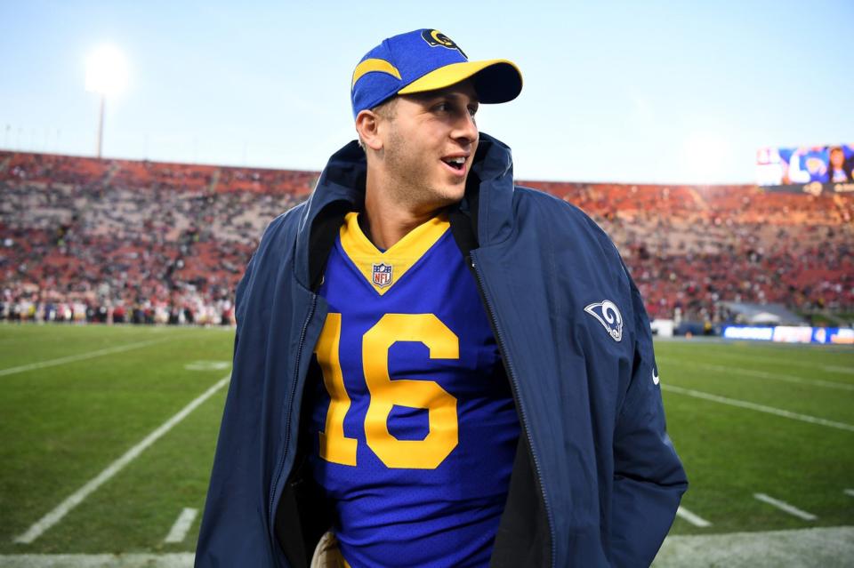 Los Angeles Rams quarterback Jared Goff stands on the sideline at the Coliseum during a win over the San Francisco 49ers on the final day of the 2018 regular season.