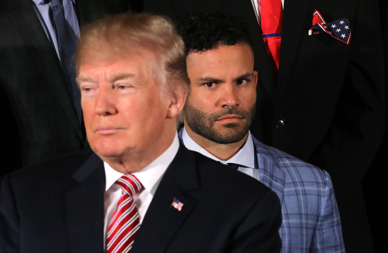 Houston Astros second baseman Jos&eacute; Altuve watches President Donald Trump during a celebration of&nbsp;his team's World Series victory in the East Room of the White House on Monday. (Photo: Chip Somodevilla via Getty Images)