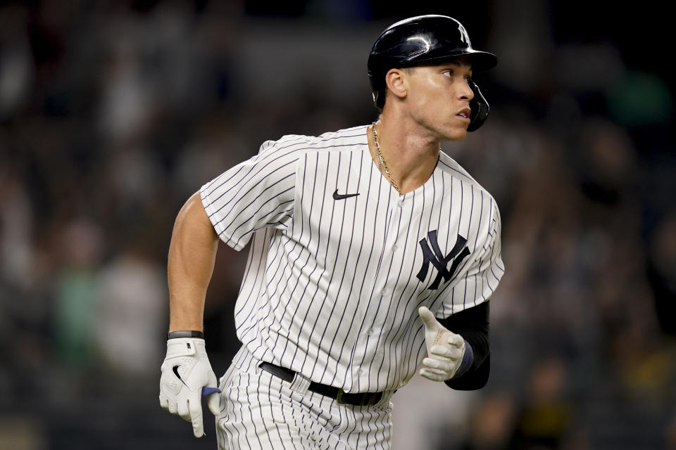 New York Yankees' Aaron Judge runs the bases after hitting a solo home run off Cleveland Indians starting pitcher Zach Plesac during the fourth inning of a baseball game Friday, Sept. 17, 2021, in New York. (AP Photo/John Minchillo)