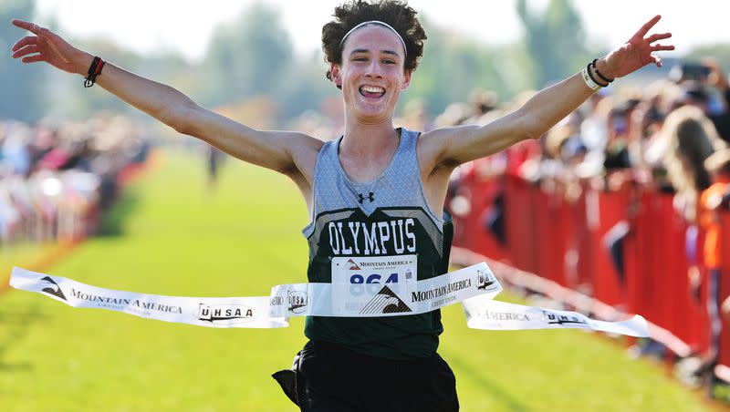 JoJo Jourdon of Olympus High wins the boys 5A cross-country state championship race at the Regional Athletic Complex in Rose Park on Tuesday, Oct. 24, 2023. Jourdon broke the four-minute mile at the New Balance Indoor Grand Prix Saturday in Boston on Saturday.