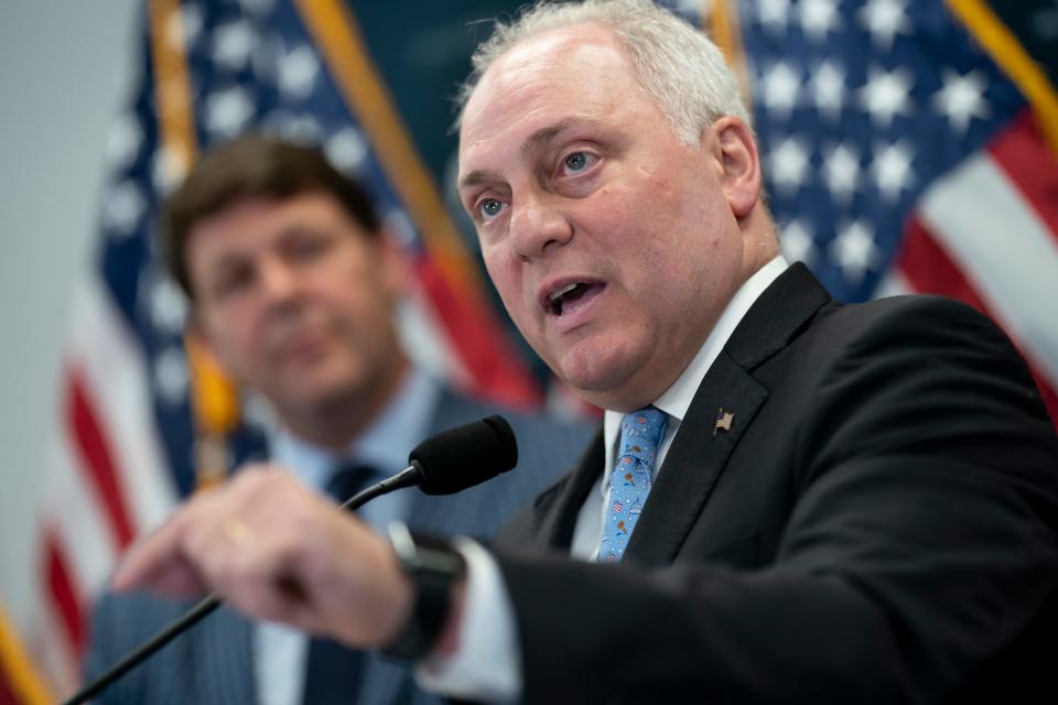 House Majority Leader Steve Scalise, R-La., speaks to reporters following a closed-door meeting with fellow Republicans as Speaker of the House Kevin McCarthy, R-Calif., struggles to round up the votes for his sweeping debt ceiling package, at the Capitol in Washington, Wednesday, April 26, 2023.