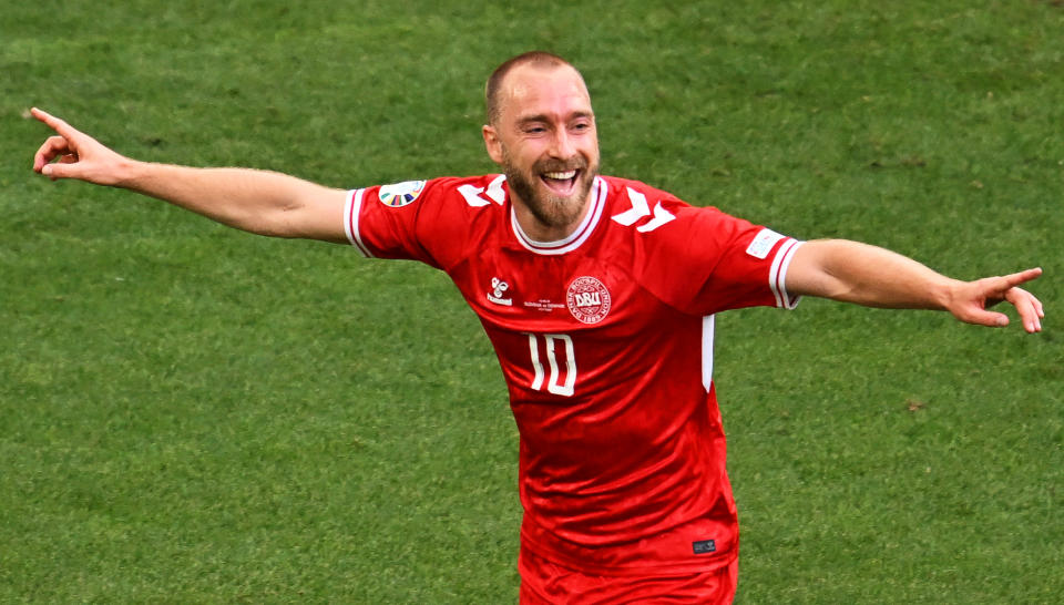 16 June 2024, Baden-Württemberg, Stuttgart: Soccer, UEFA Euro 2024, European Championship, Slovenia - Denmark, Preliminary round, Group C, Matchday 1, Stuttgart Arena, Denmark's Christian Eriksen celebrates his goal to make it 1-0. Photo: Bernd Weißbrod/dpa (Photo by Bernd Weißbrod/picture alliance via Getty Images)