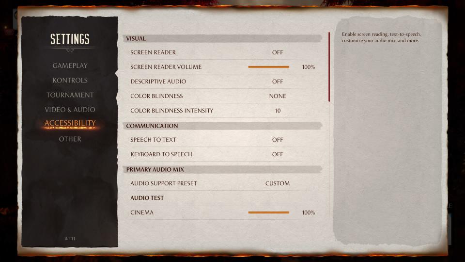 Mortal Kombat 1 accessibility menu