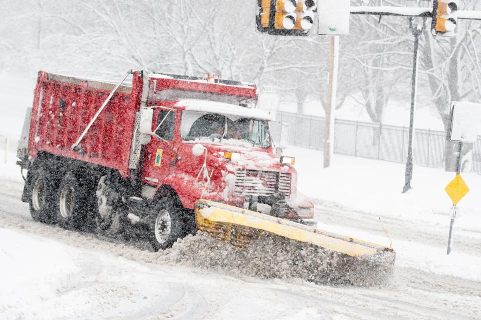 A snow plow clear the roads along West State Street in Doylestown Township during a snow storm Tuesday, February, 13, 2024.