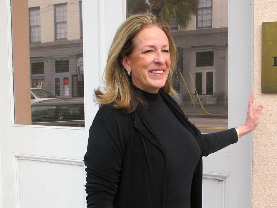 Elizabeth Colbert Busch poses outside her campaign headquarters in Charleston, S.C., on Wednesday, Feb. 13, 2013. The sister of comedian Stephen Colbert is one of two Democrats seeking South Carolina's vacant 1st District congressional seat. There are 16 Republicans in the race. (AP Photo/Bruce Smith)