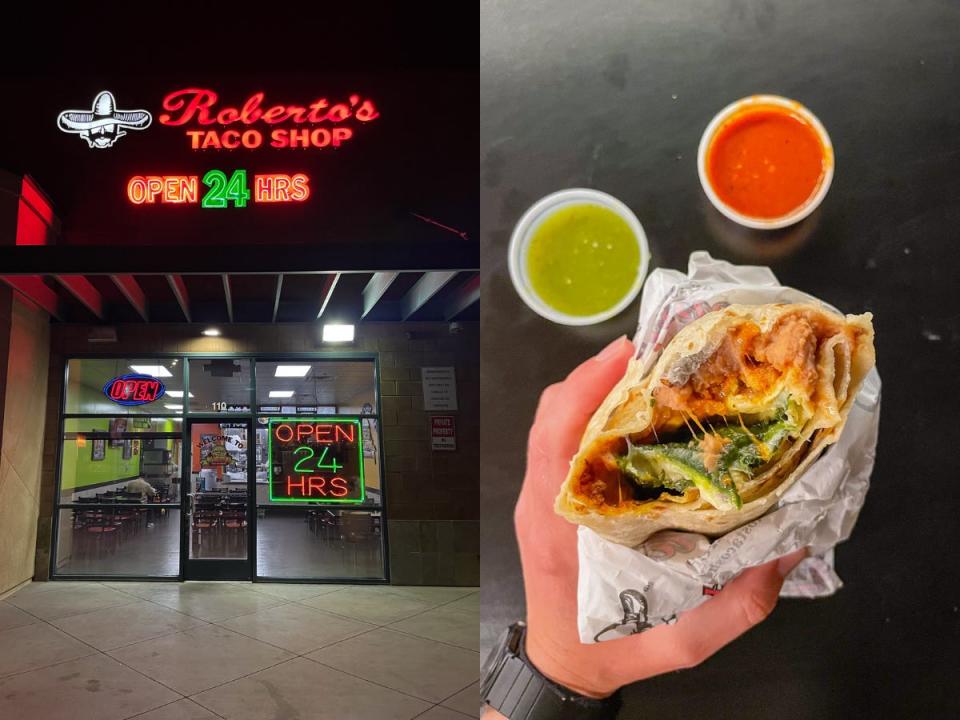 Side-by-side images of the exterior of the store and the author's burrito.