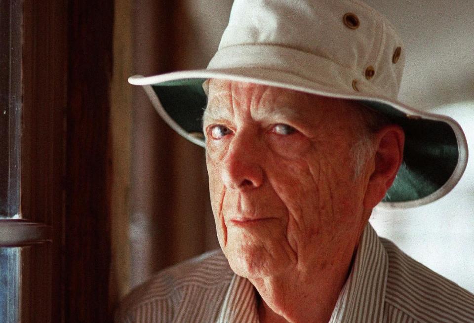 FILE - This May 15, 2000, file photo, shows author Herman Wouk in Palm Springs, Calif. In the fall of 2012, new works came out from 97-year-old novelist Wouk, 93-year-old poet Lawrence Ferlinghetti and 90-year-old historian Bernard Bailyn. Wouk's editor, Jonathan Karp, says that Wouk has always taken good care of himself. The author's first book came out more than 60 years ago, but his lifestyle has remained steady _ work, family and religious faith, studying the Torah daily. The author of such favorites as "The Caine Munity" and "The Winds of War" keeps up with modern trends, working in Skype and text messages for his latest, "The Lawgiver." (AP Photo/Douglas L. Benc Jr., File)