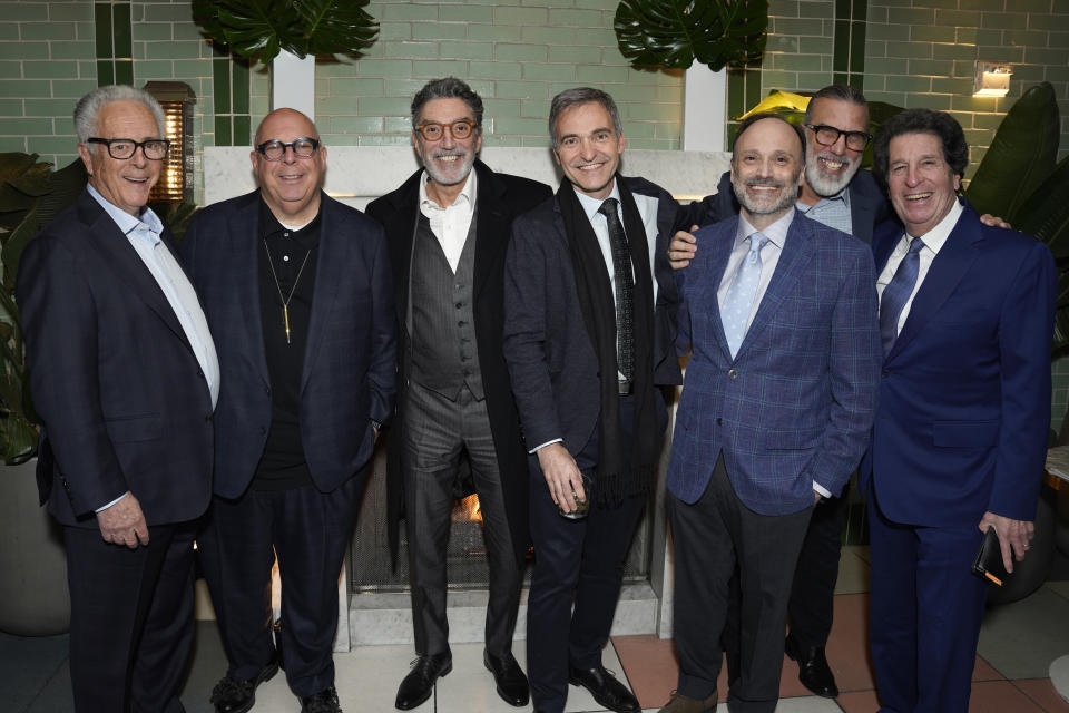 WEST HOLLYWOOD, CALIFORNIA - JANUARY 11: (L-R) Bob Broder, Eddie Gorodetsky, Chuck Lorre, Steve Holland, Steven Molaro, Don Foster and Peter Roth attend the Variety Showrunners dinner presented by A+E Studios in West Hollywood on January 11, 2024 in West Hollywood, California. (Photo by Presley Ann/Variety via Getty Images)