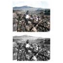 This photo combination shows digital colorization, top, by Anju Niwata and Hidenori Watanave, and its original black and white AP photo that a battered religious figure stands witness on a hill above a burn-razed valley at Nagasaki, on Sept. 24, 1945, after the second atomic bomb ever used in warfare was dropped by the U.S. over the Japanese industrial center. Niwata and Watanave started the photo colorization project in 2018. They call it “Rebooting Memories,” and they published a book last month of the colorized versions of about 350 monochrome pictures taken before, during and after the Pacific War. (U.S. Marines/Anju Niwata & Hidenori Watanave via AP)