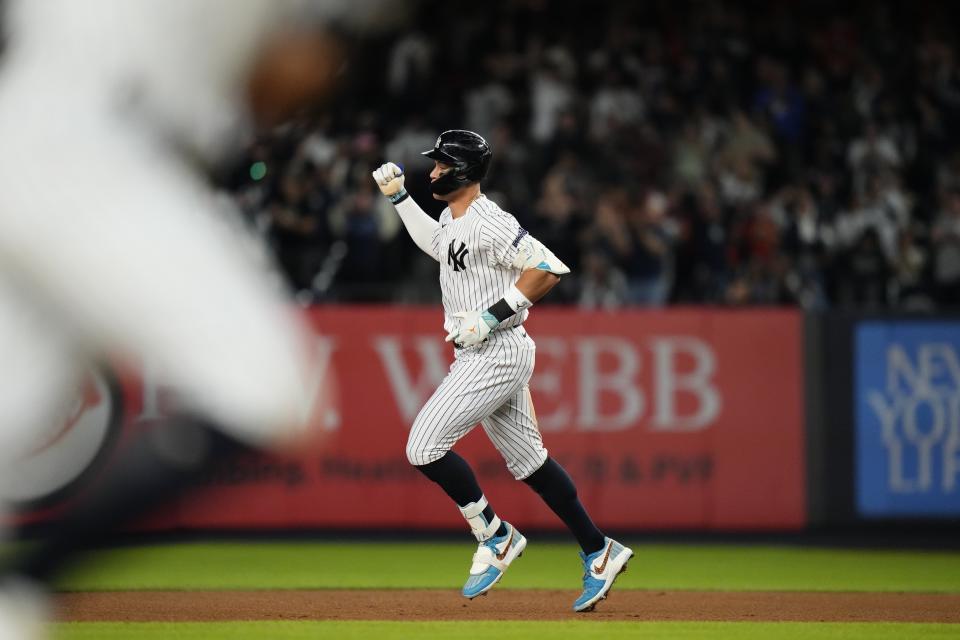 New York Yankees' Aaron Judge runs the bases after hitting a three-run home run against the Arizona Diamondbacks during the third inning of a baseball game Friday, Sept. 22, 2023, in New York. (AP Photo/Frank Franklin II)