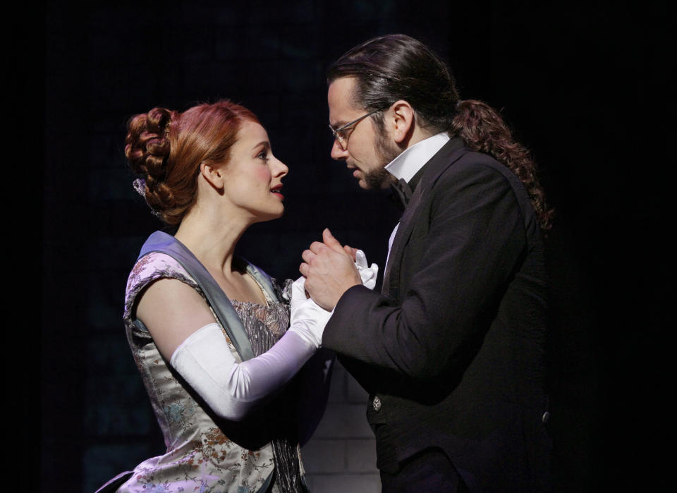 This theater publicity image released by The Hartman Group shows Teal Wicks, left, and Constantine Maroulis during a performance of "Jekyll & Hyde" playing at the Marquis Theatre in New York. (AP Photo/The Hartman Group, Chris Bennion)