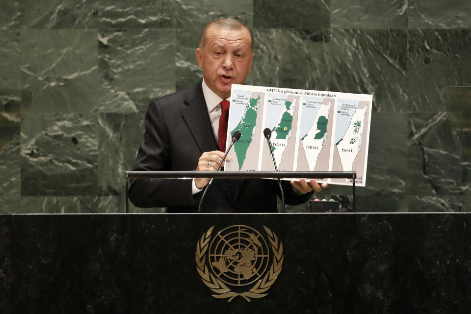 Turkish President Recep Tayyip Erdogan addresses the 74th session of the United Nations General Assembly at U.N. headquarters Tuesday, Sept. 24, 2019. (AP Photo/Richard Drew)