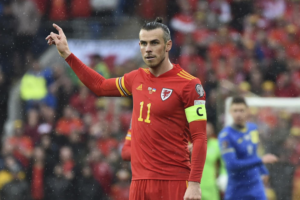 Wales Gareth Bale during the World Cup 2022 qualifying play-off soccer match between Wales and Ukraine at Cardiff City Stadium in Cardiff , Wales, Sunday, June 5, 2022. (AP Photo/Rui Vieira)