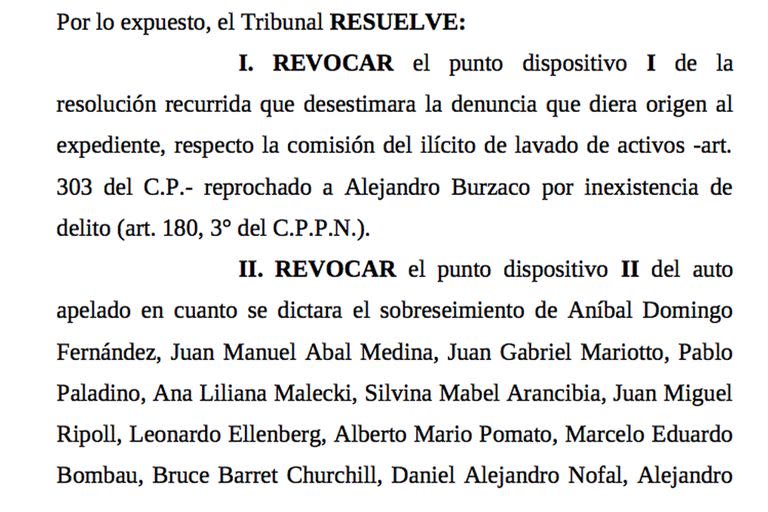 La decisión de la Sala I de la Cámara de Apelaciones en lo Criminal y Correccional de revocar el sobreseimiento dictado por el juez Daniel Rafecas a tres ex jefes de Gabinete del segundo gobierno de Cristina Fernández de Kirchner: Aníbal Fernández, Juan Manuel Abal Medina y Jorge Capitanich.